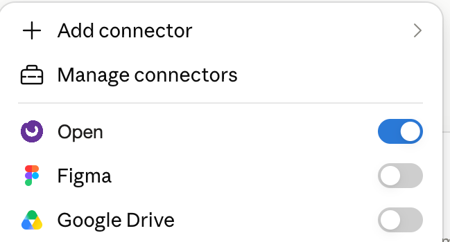 In Claude connector settings with Open switched on